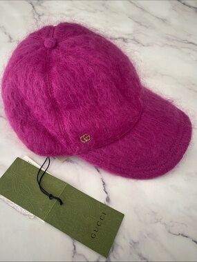 NEW Gucci Fuchsia Fuzzy Wool-Blend Baseball Cap with Gold Double-G PINK FUCHSIA